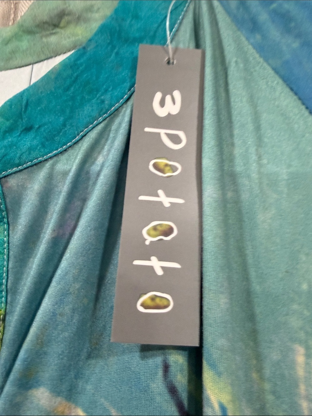 Blue Green 3 Potato Artistic Midi Dress with Buttoned Henley Neck XL/L - Picture 6 of 7